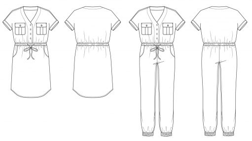 Itch to Stitch Anza Jumpsuit and Dress Line Drawings