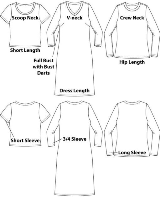 Itch to Stitch Kashi Tee & Dress PDF Sewing Pattern Line Drawings